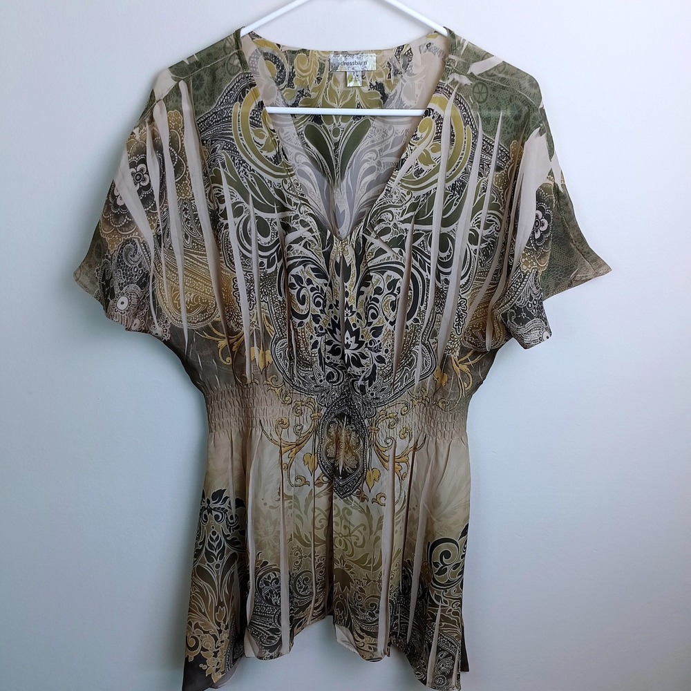 Dressbarn Blouse Womens L Green Paisley Smocked Waist V-Neck Chiffon Top